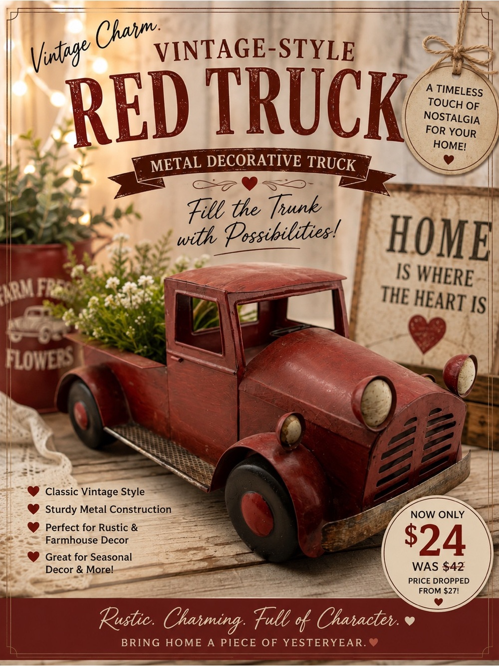 Vintage-Style Red Truck - Red Metal Decorative Truck Fill The Trunk